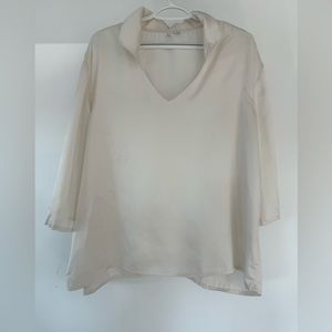 Nordstrom 100% silk off-white blouse top XL collared 3/4 sleeve